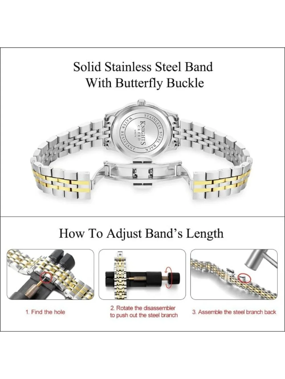 Women's Silver Gold Solid Stainless Steel Band Easy to Read Dial Wrist Watch